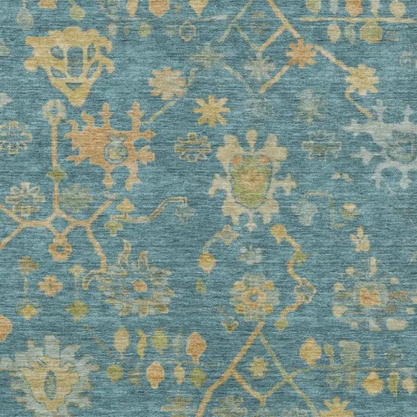Teal Blue And Gold Floral Washable Indoor Outdoor Area Rug Photo 3