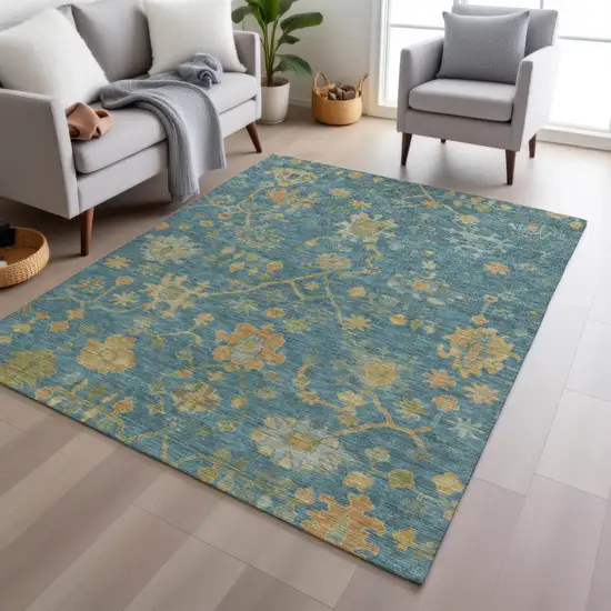 Teal Blue And Gold Floral Washable Indoor Outdoor Area Rug Photo 6