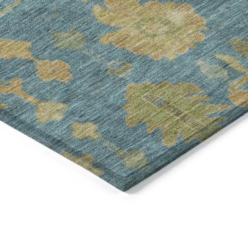 Teal Blue And Gold Floral Washable Indoor Outdoor Area Rug Photo 9