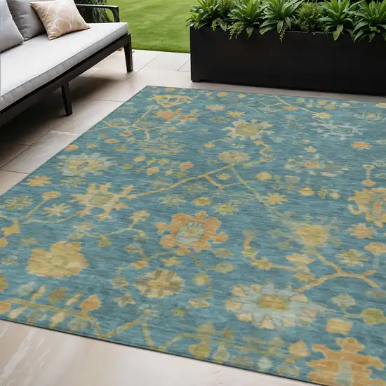 Teal Blue And Gold Floral Washable Indoor Outdoor Area Rug Photo 2