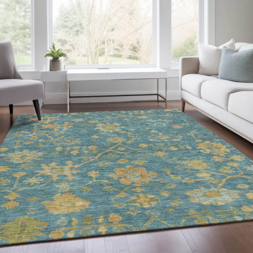 Teal Blue And Gold Floral Washable Indoor Outdoor Area Rug Photo 7