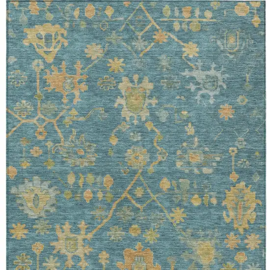 Teal Blue And Gold Floral Washable Indoor Outdoor Area Rug Photo 7