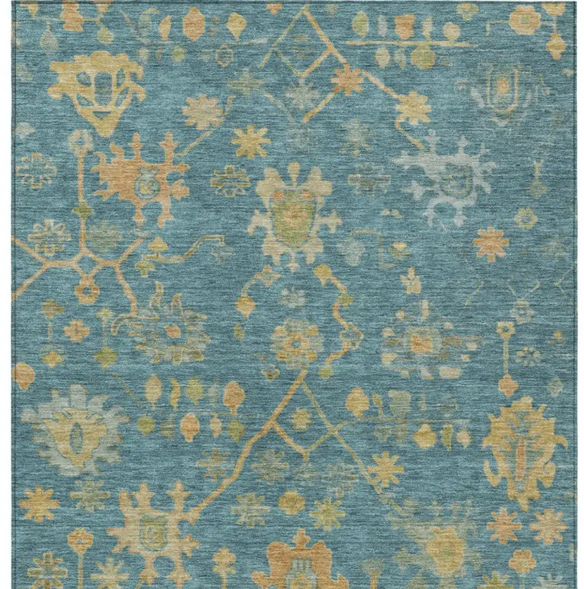 Teal Blue And Gold Floral Washable Indoor Outdoor Area Rug Photo 7