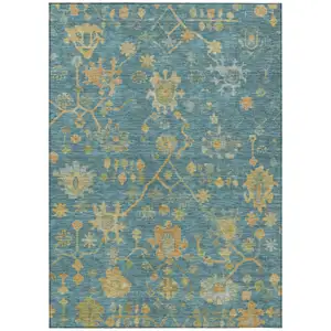 Photo of Teal Blue And Gold Floral Washable Indoor Outdoor Area Rug