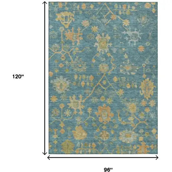 Teal Blue And Gold Floral Washable Indoor Outdoor Area Rug Photo 9