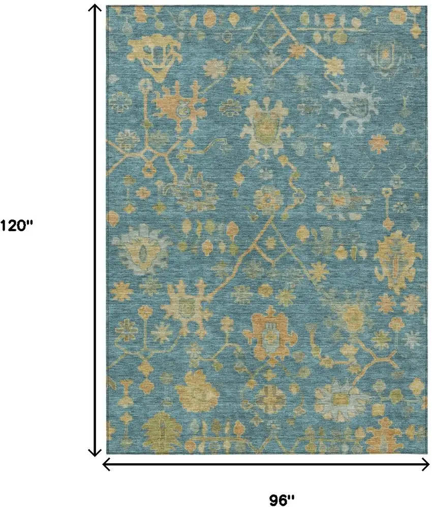 Teal Blue And Gold Floral Washable Indoor Outdoor Area Rug Photo 9