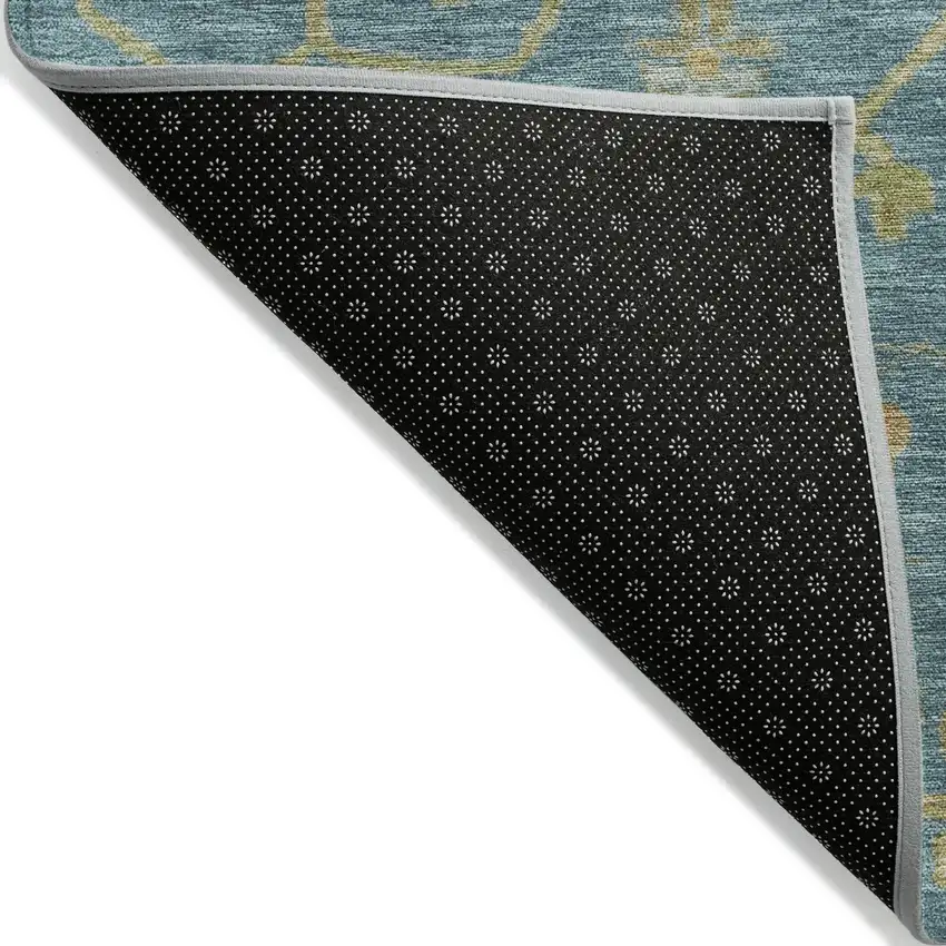Teal Blue And Gold Floral Washable Indoor Outdoor Area Rug Photo 8