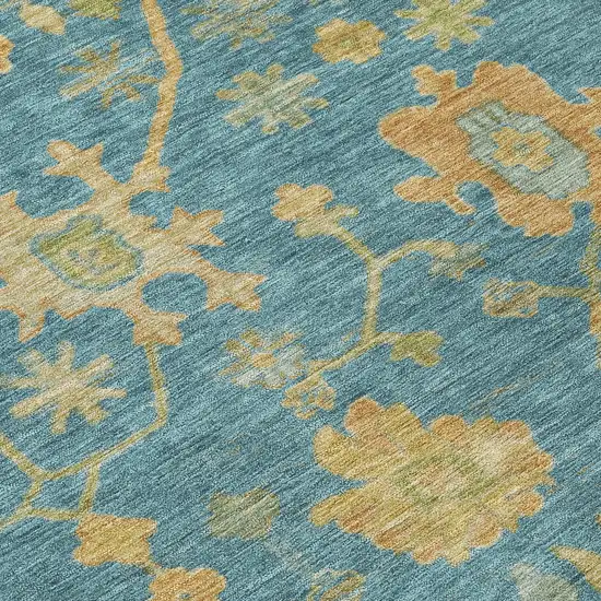 Teal Blue And Gold Floral Washable Indoor Outdoor Area Rug Photo 6