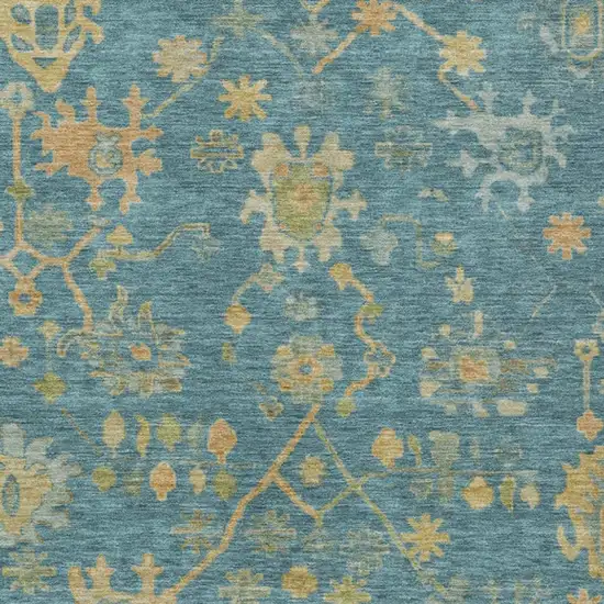 Teal Blue And Gold Floral Washable Indoor Outdoor Area Rug Photo 4