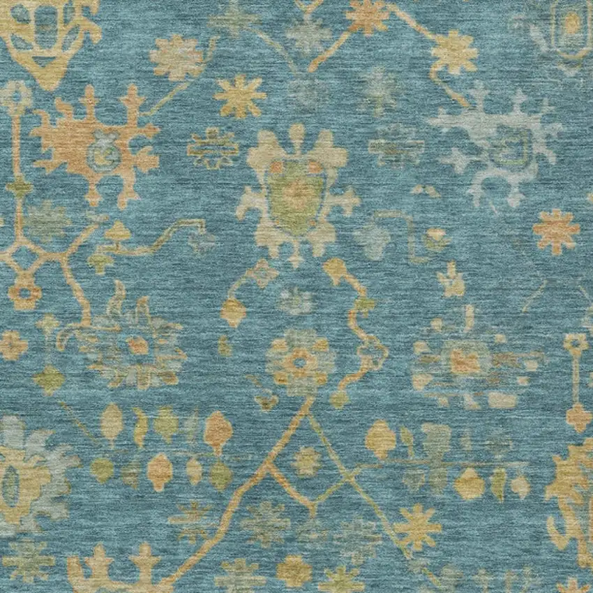 Teal Blue And Gold Floral Washable Indoor Outdoor Area Rug Photo 4