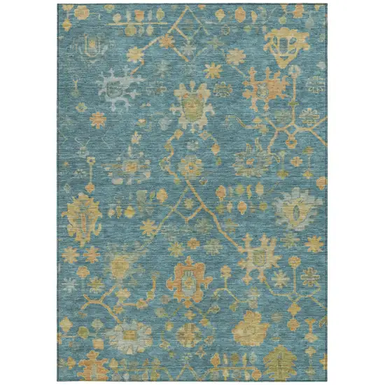 Teal Blue And Gold Floral Washable Indoor Outdoor Area Rug Photo 3
