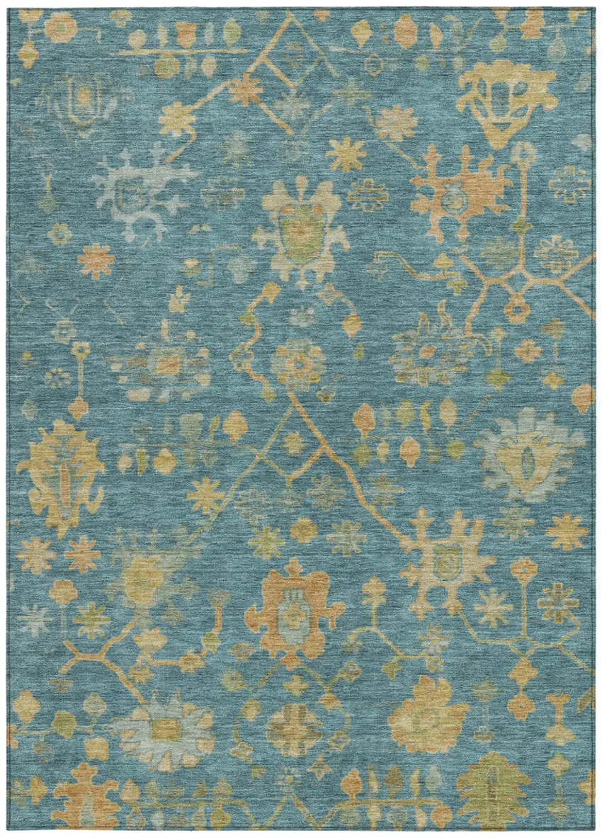 Teal Blue And Gold Floral Washable Indoor Outdoor Area Rug Photo 3