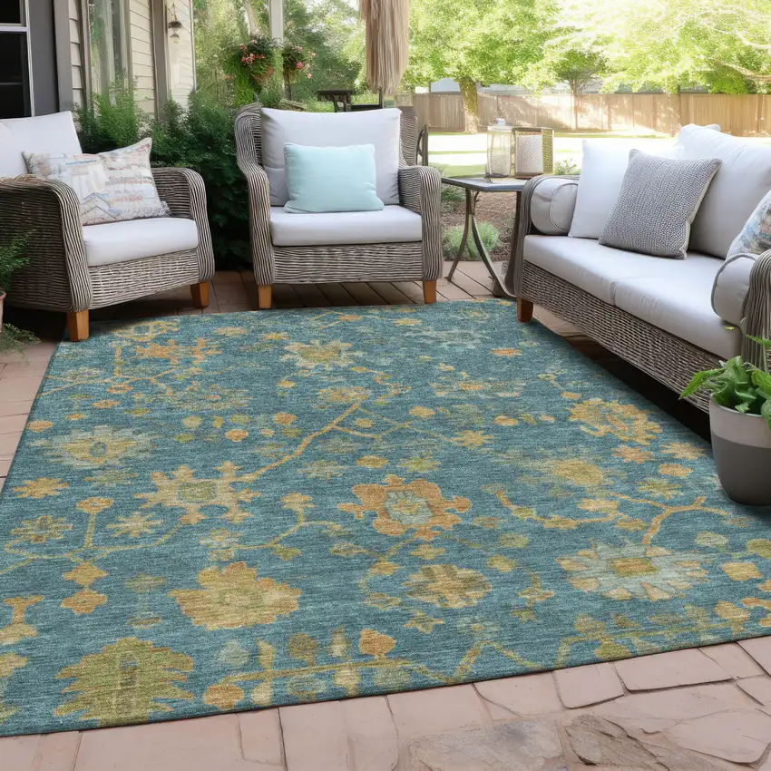 Teal Blue And Gold Floral Washable Indoor Outdoor Area Rug Photo 5