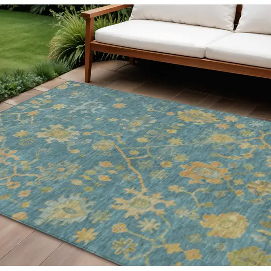 Teal Blue And Gold Floral Washable Indoor Outdoor Area Rug Photo 2