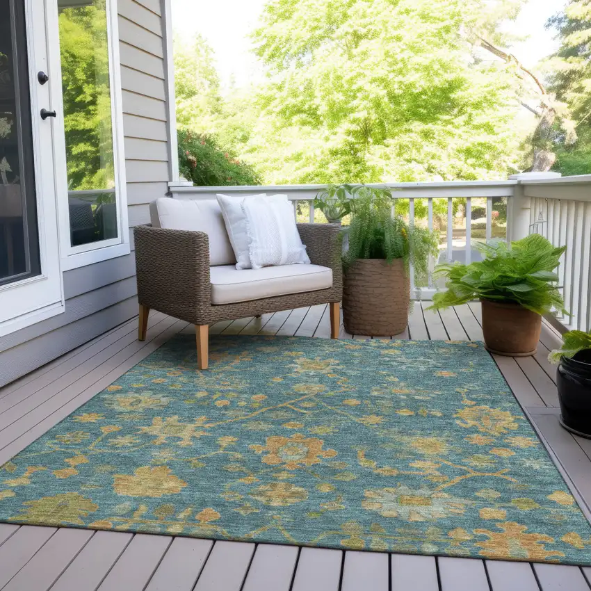 Teal Blue And Gold Floral Washable Indoor Outdoor Area Rug Photo 8