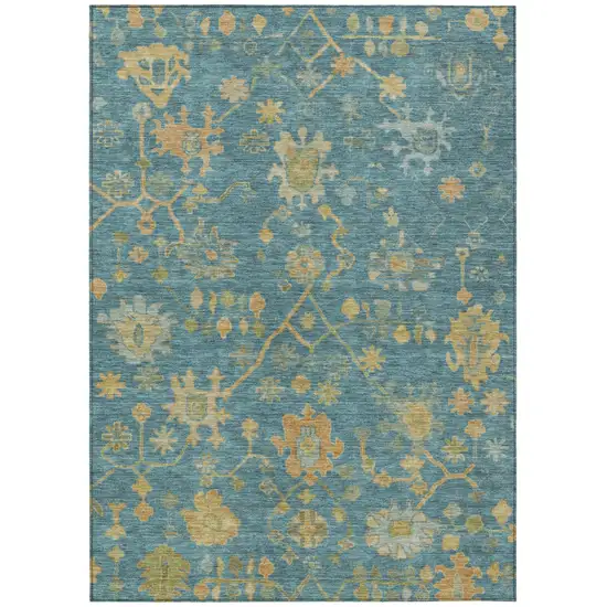 Teal Blue And Gold Floral Washable Indoor Outdoor Area Rug Photo 1