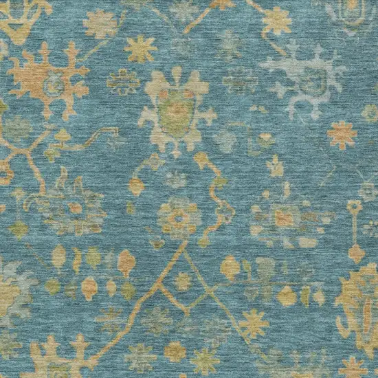 Teal Blue And Gold Floral Washable Indoor Outdoor Area Rug Photo 3