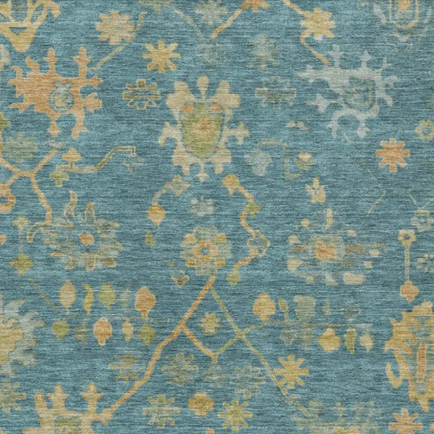 Teal Blue And Gold Floral Washable Indoor Outdoor Area Rug Photo 3