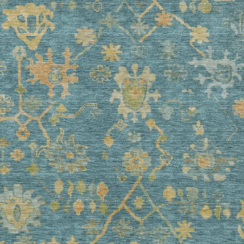 Teal Blue And Gold Floral Washable Indoor Outdoor Area Rug Photo 3