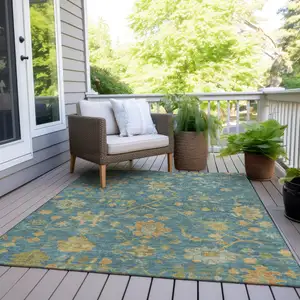 Photo of Teal Blue And Gold Floral Washable Indoor Outdoor Area Rug