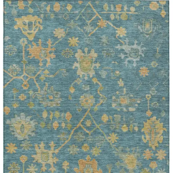 Teal Blue And Gold Floral Washable Indoor Outdoor Area Rug Photo 4