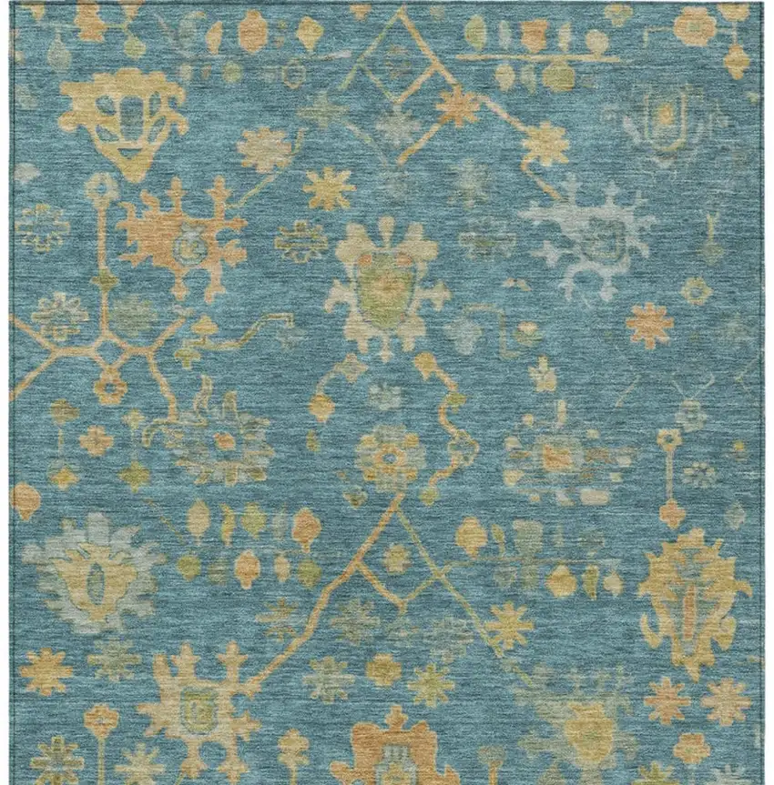 Teal Blue And Gold Floral Washable Indoor Outdoor Area Rug Photo 4