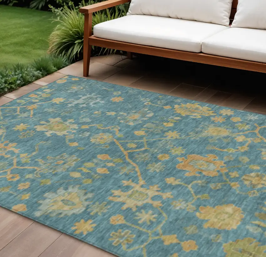 Teal Blue And Gold Floral Washable Indoor Outdoor Area Rug Photo 2