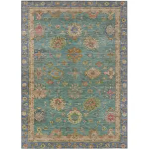 Photo of Teal Blue And Gold Floral Washable Indoor Outdoor Area Rug