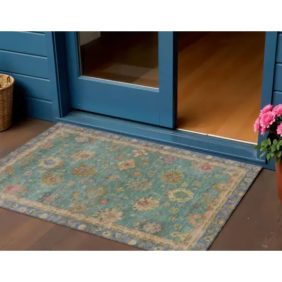 Teal Blue And Gold Floral Washable Indoor Outdoor Area Rug Photo 2