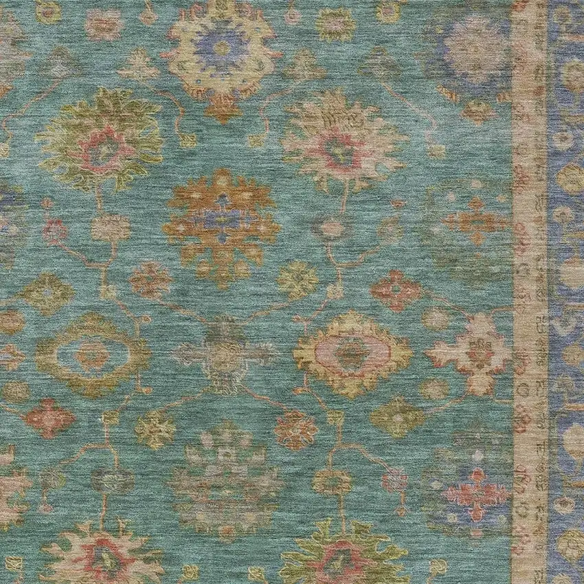 Teal Blue And Gold Floral Washable Indoor Outdoor Area Rug Photo 3