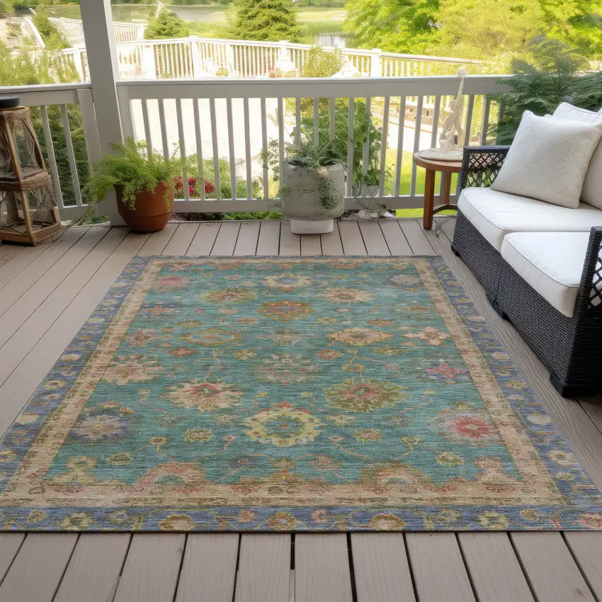 Teal Blue And Gold Floral Washable Indoor Outdoor Area Rug Photo 8