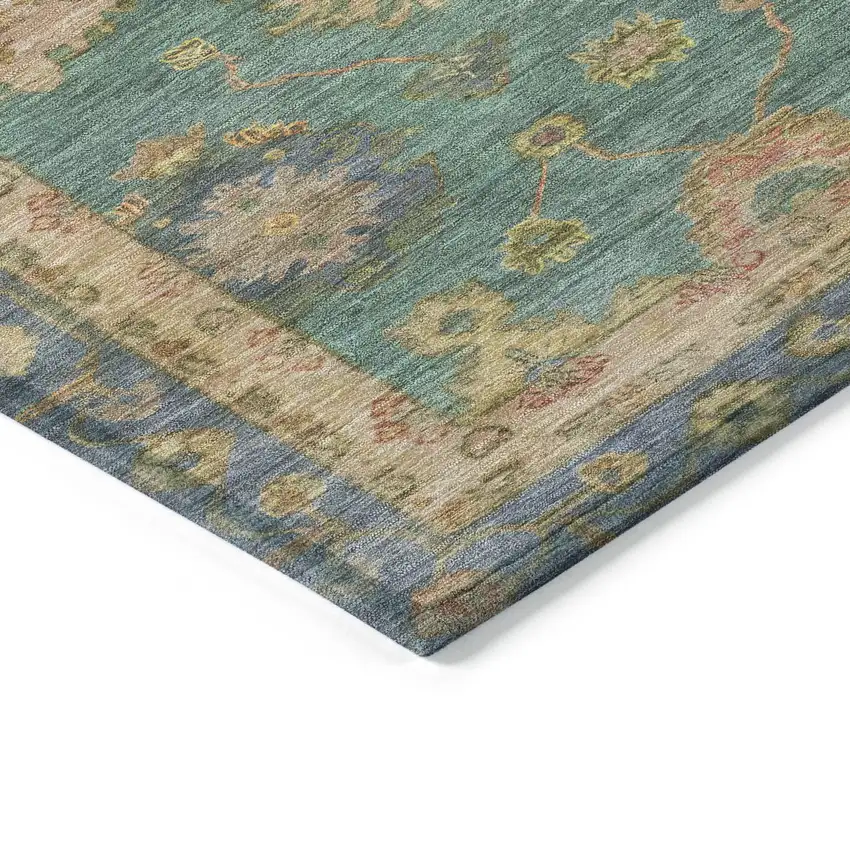 Teal Blue And Gold Floral Washable Indoor Outdoor Area Rug Photo 9