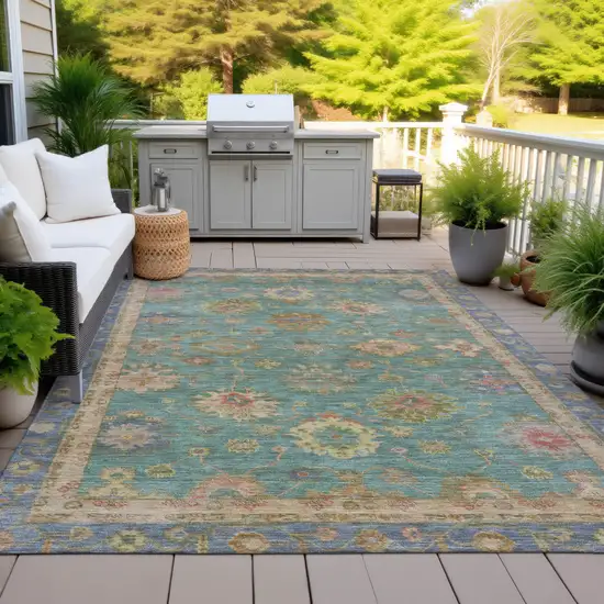 Teal Blue And Gold Floral Washable Indoor Outdoor Area Rug Photo 5
