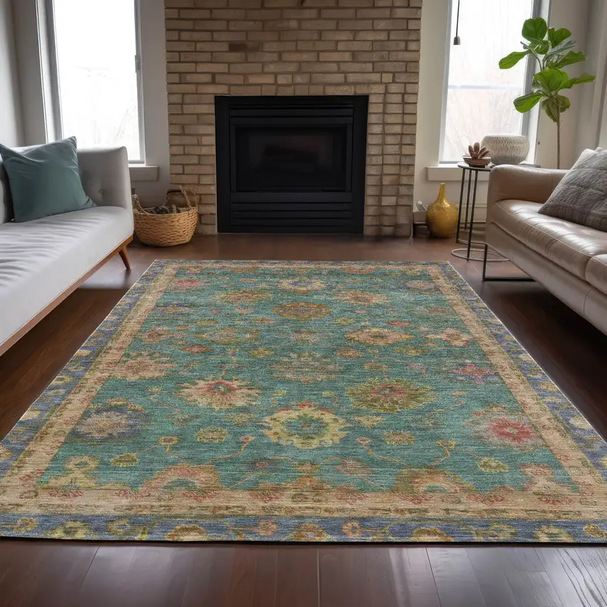 Teal Blue And Gold Floral Washable Indoor Outdoor Area Rug Photo 7