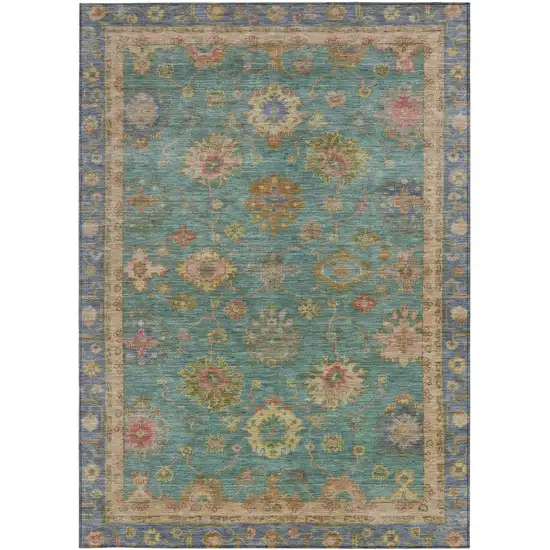 Teal Blue And Gold Floral Washable Indoor Outdoor Area Rug Photo 4