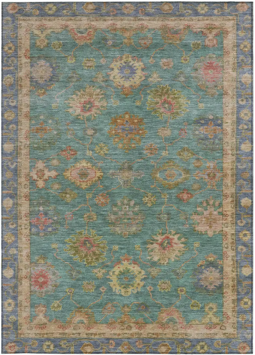 Teal Blue And Gold Floral Washable Indoor Outdoor Area Rug Photo 4