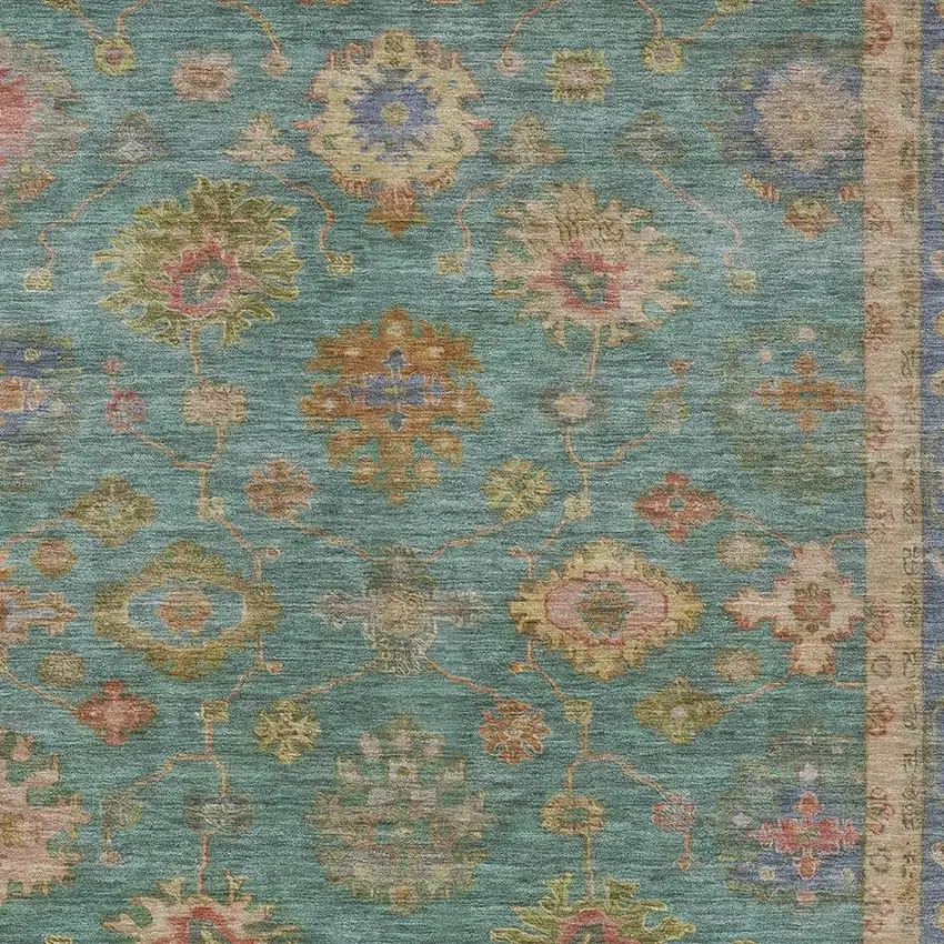 Teal Blue And Gold Floral Washable Indoor Outdoor Area Rug Photo 7