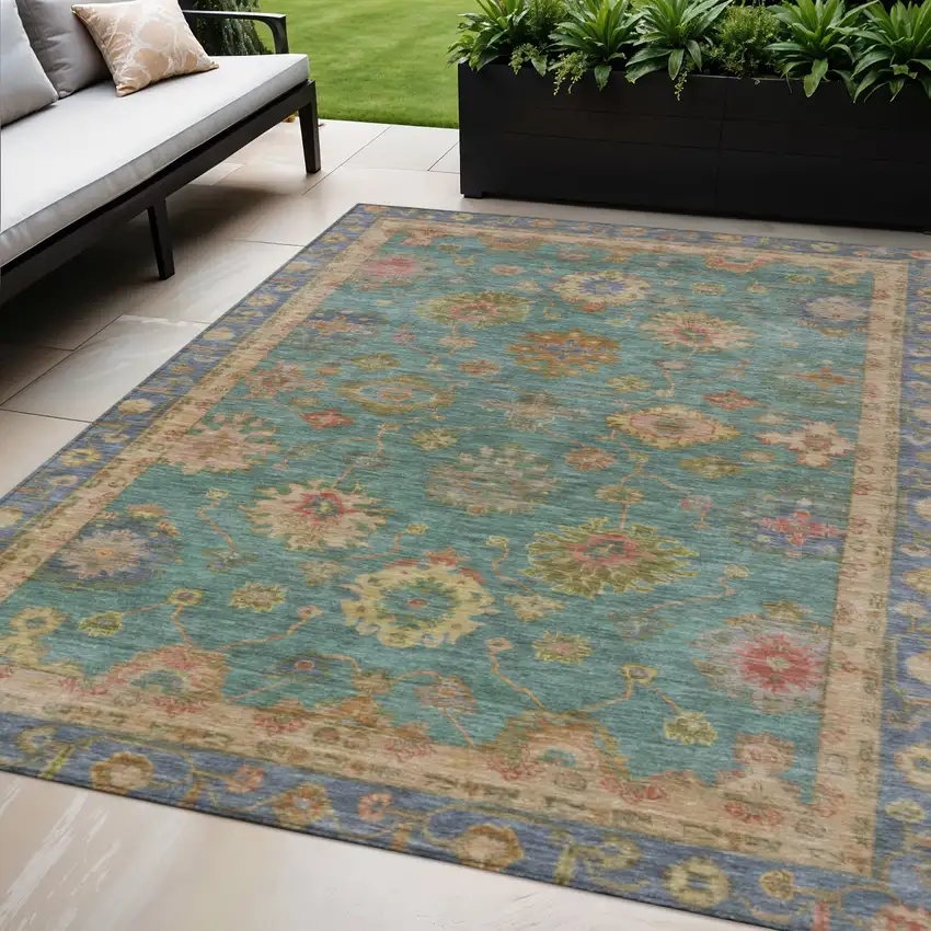 Teal Blue And Gold Floral Washable Indoor Outdoor Area Rug Photo 2