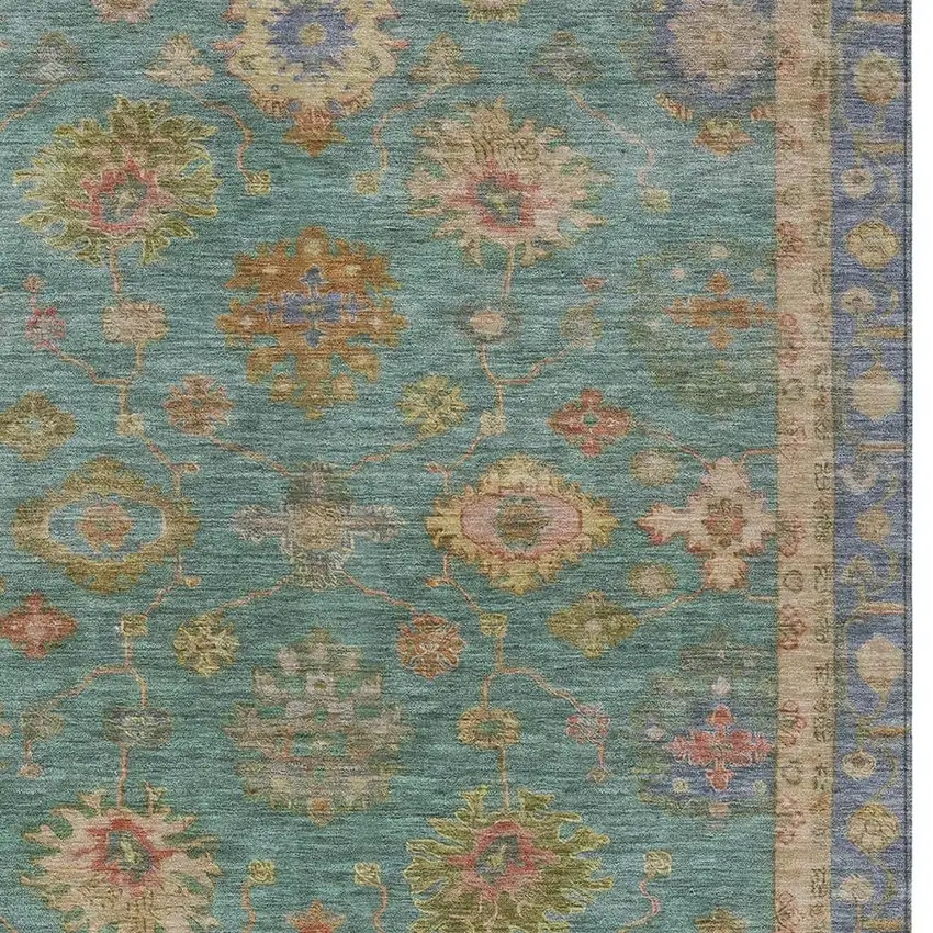 Teal Blue And Gold Floral Washable Indoor Outdoor Area Rug Photo 3