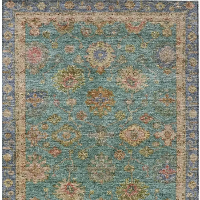 Teal Blue And Gold Floral Washable Indoor Outdoor Area Rug Photo 8