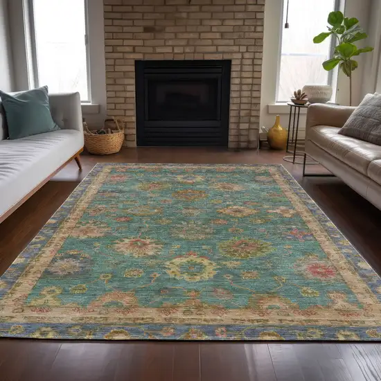 Teal Blue And Gold Floral Washable Indoor Outdoor Area Rug Photo 7