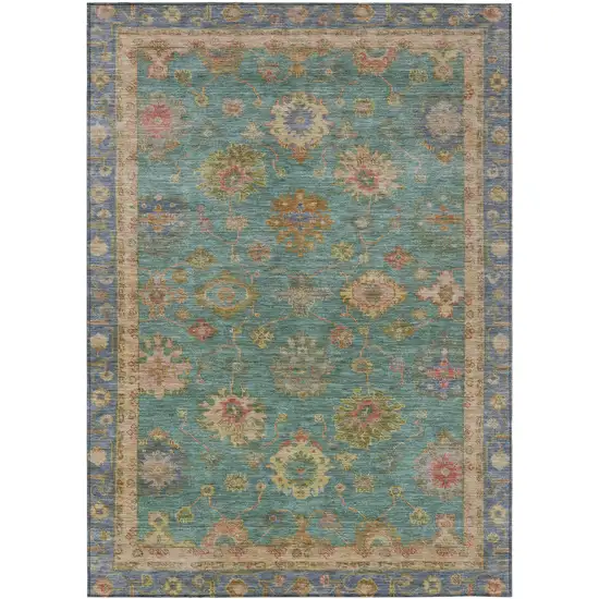 Teal Blue And Gold Floral Washable Indoor Outdoor Area Rug Photo 1