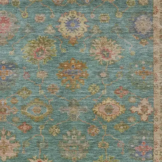 Teal Blue And Gold Floral Washable Indoor Outdoor Area Rug Photo 3