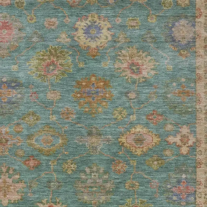 Teal Blue And Gold Floral Washable Indoor Outdoor Area Rug Photo 3