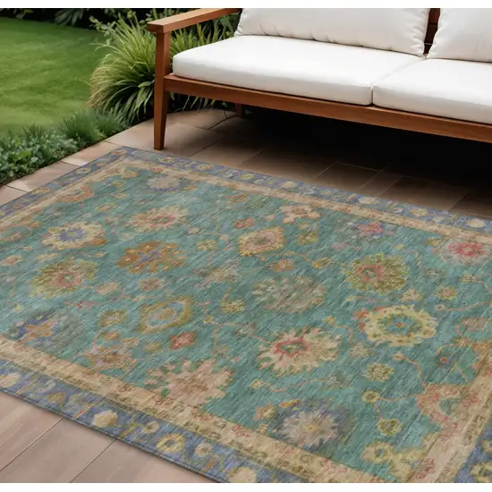 Teal Blue And Gold Floral Washable Indoor Outdoor Area Rug Photo 2