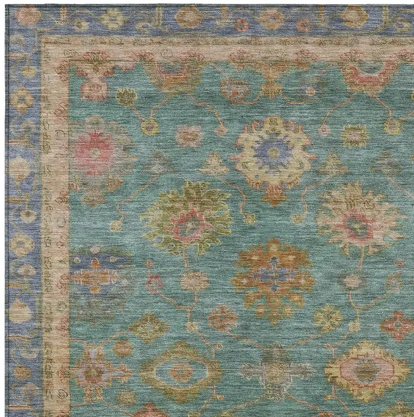 Teal Blue And Gold Floral Washable Indoor Outdoor Area Rug Photo 7