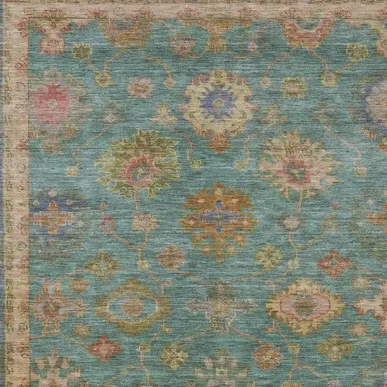 Teal Blue And Gold Floral Washable Indoor Outdoor Area Rug Photo 3