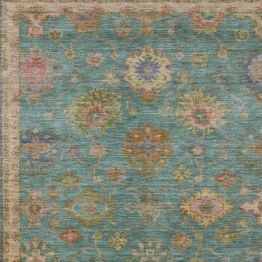 Teal Blue And Gold Floral Washable Indoor Outdoor Area Rug Photo 3