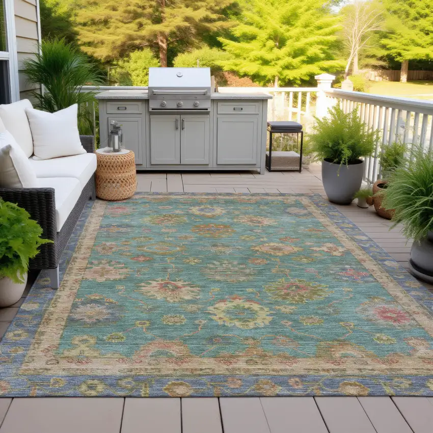 Teal Blue And Gold Floral Washable Indoor Outdoor Area Rug Photo 5