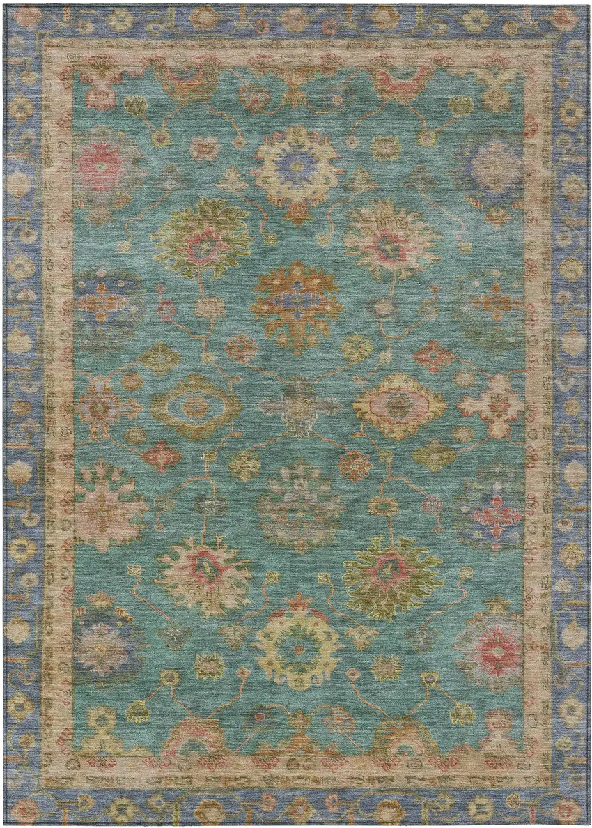 Teal Blue And Gold Floral Washable Indoor Outdoor Area Rug Photo 1